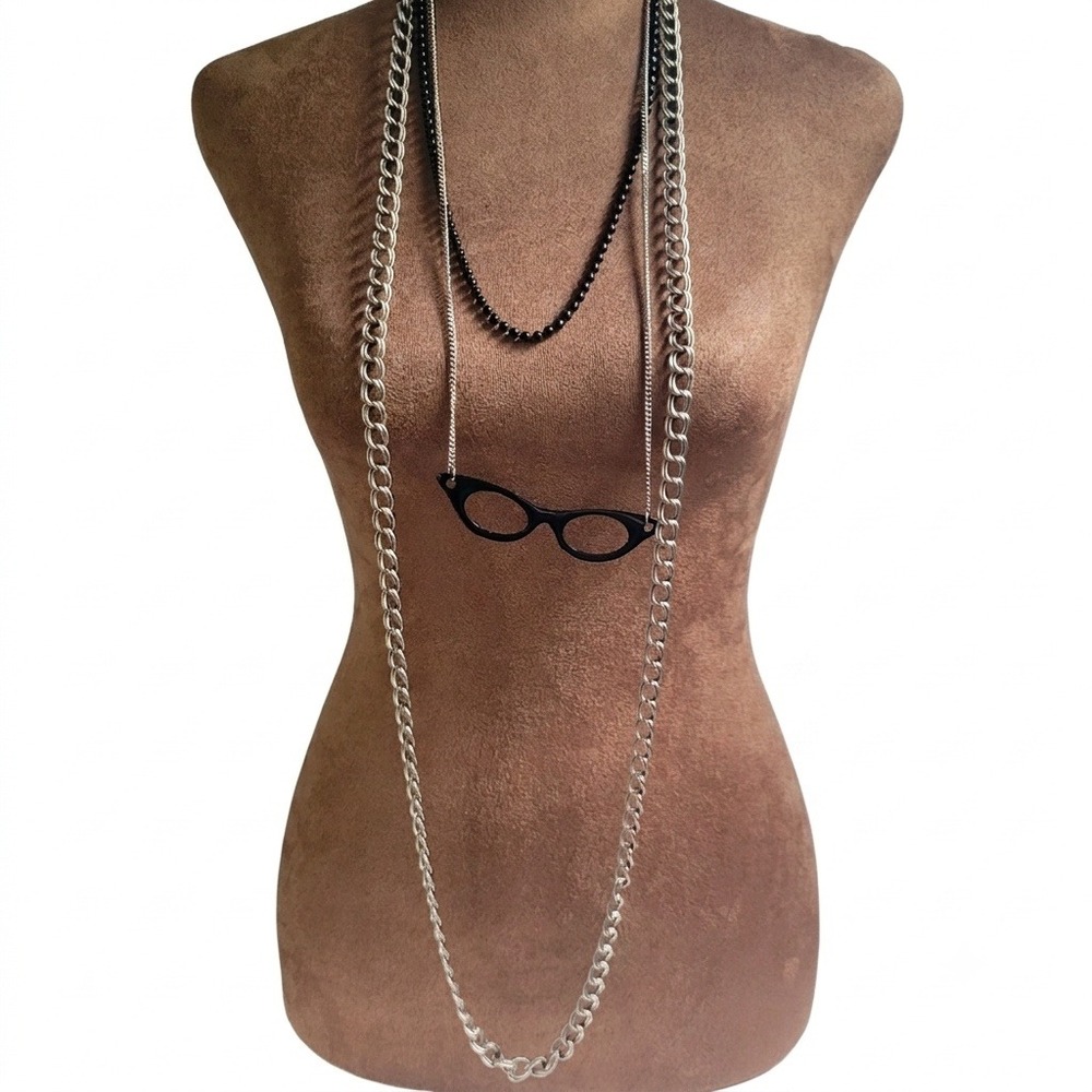 Vintage Style Cat Eye Glasses Layered Necklace Set Black Silver Tone Retro